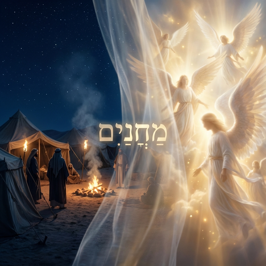 Split view showing earthly camp and heavenly realm separated by a thin veil