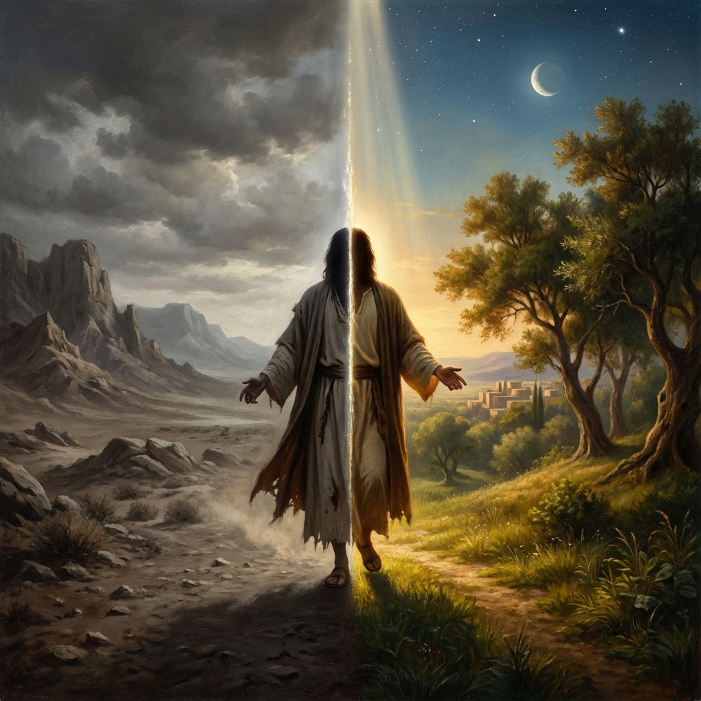 Ancient stone archway between two worlds with a silhouetted figure at the threshold