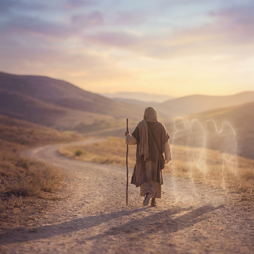 Lone traveler on path with ethereal angelic figures visible in their shadow